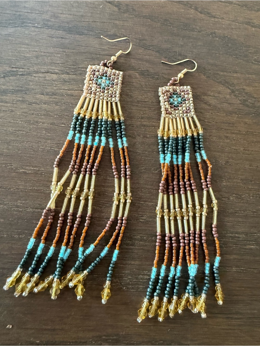 Handmade Beaded Fringe Earrings – Turquoise, Brown & Gold